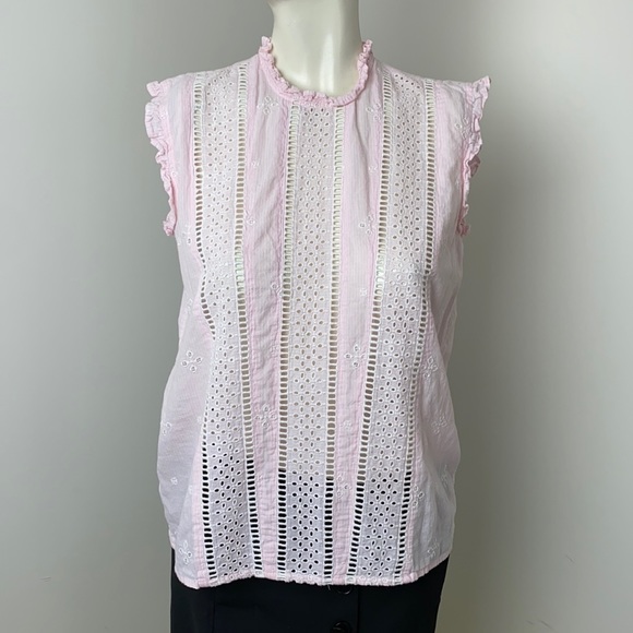 Topshop Pink Eyelet Broderie Striped Ruffle Top High Neck Size 6 - Picture 2 of 11